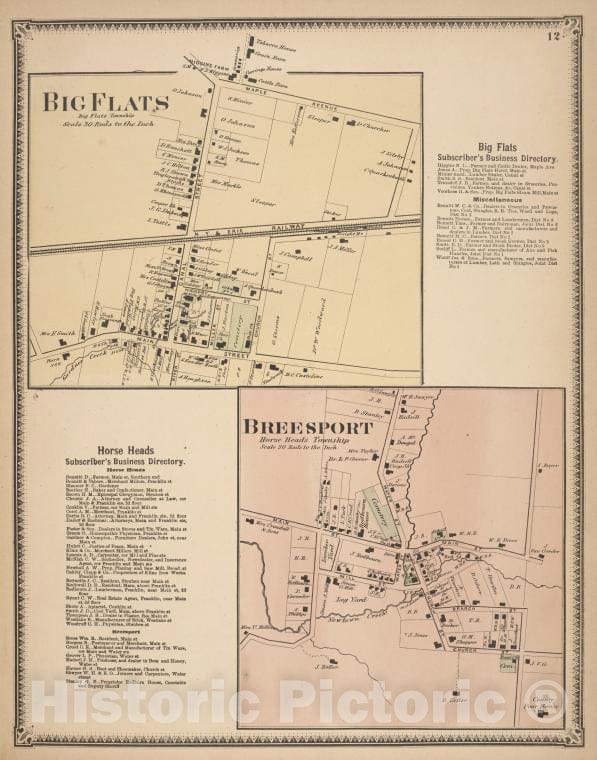 Historic Map - 1869 Chemung County, New York (N.Y.), Big Flats; Big Flats Subscriber'S Business Directory; Horse Heads Subscriber'S Business Directory; Breesport - Vintage Wall Art
