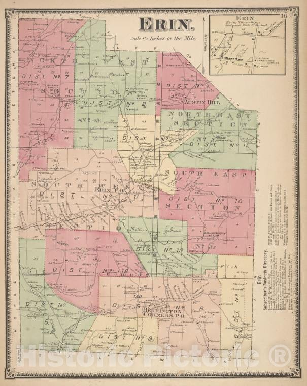 Historic Map - 1869 Chemung County, New York (N.Y.), Erin; Erin; Erin Subscriber'S Business Directory. - Vintage Wall Art