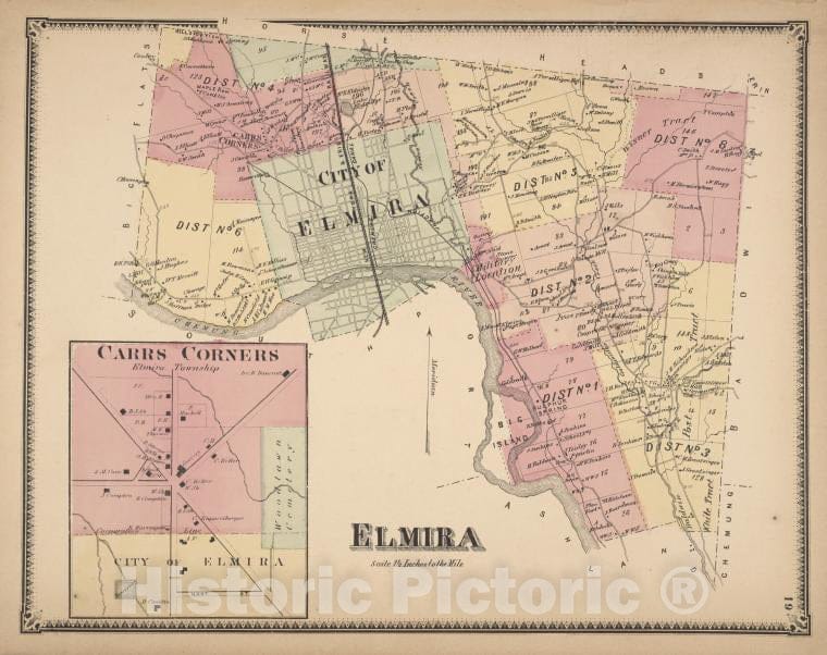 Historic Map - 1869 Chemung County, New York (N.Y.), Elmira ; Carrs Corners - Vintage Wall Art