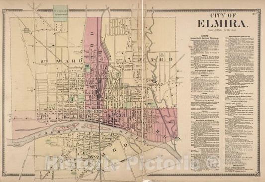 Historic Map - 1869 Chemung County, New York (N.Y.), City Of Elmira; Elmira Subscriber'S Business Directory. - Vintage Wall Art