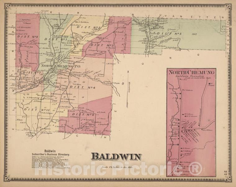 Historic Map - 1869 Baldwin Subscriber'S Business Directory; Baldwin ; North Chemung - Vintage Wall Art