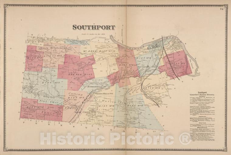 Historic Map - 1869 Chemung County, New York (N.Y.), Southport ; Southport Subscriber'S Business Directory. - Vintage Wall Art