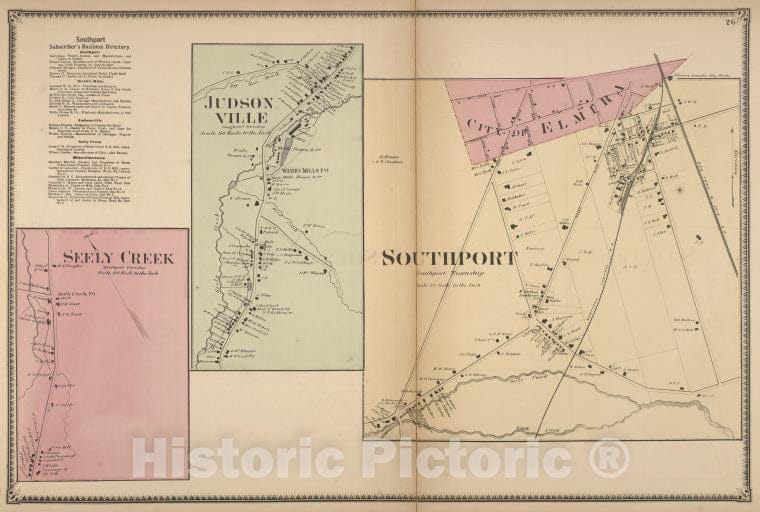 Historic Map - 1869 Chemung County, New York (N.Y.), Southport Subscriber'S Business Directory; Seely Creek; Judsonville; Southport - Vintage Wall Art