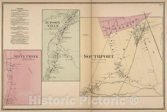 Historic Map - 1869 Chemung County, New York (N.Y.), Southport Subscriber'S Business Directory; Seely Creek; Judsonville; Southport - Vintage Wall Art