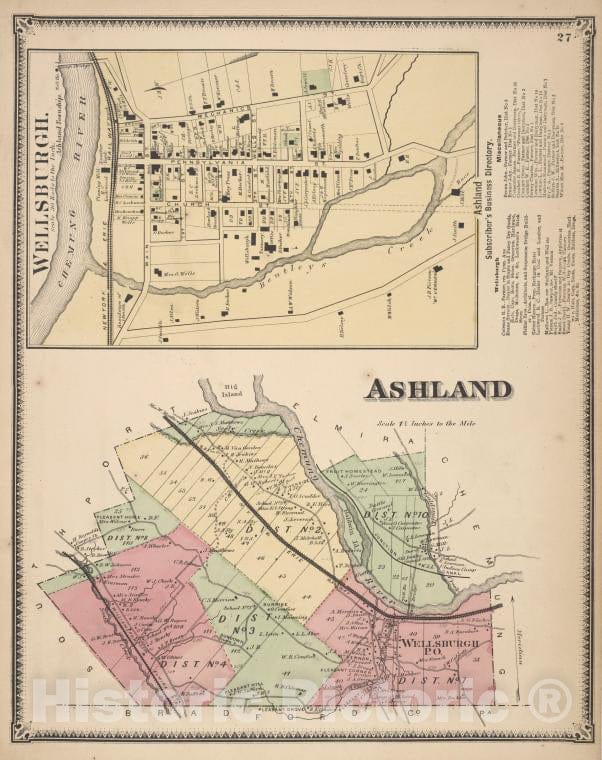 Historic Map - 1869 Chemung County, New York (N.Y.), Wellsburgh; Ashland Subscriber'S Business Directory; Ashland - Vintage Wall Art