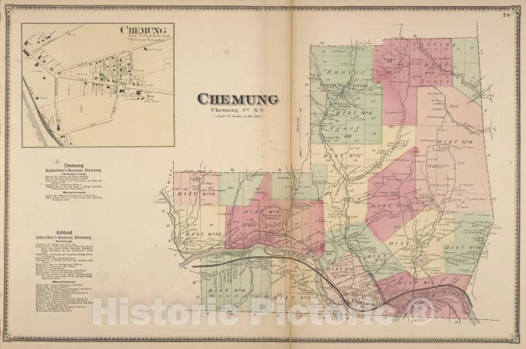 Historic Map - 1869 Chemung County, New York (N.Y.), Chemung; Chemung Subscriber'S Business Directory; Ashland Subscriber'S Business Directory; Chemung - Vintage Wall Art