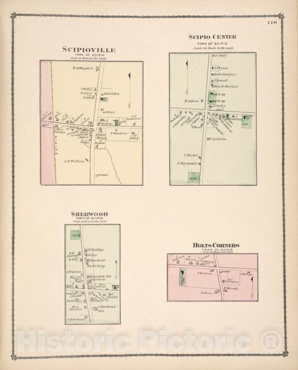 Historic Map - 1875 Cayuga, New York, Scipioville; Scipio Center; Sherwood; Bolts Corners - Vintage Wall Art