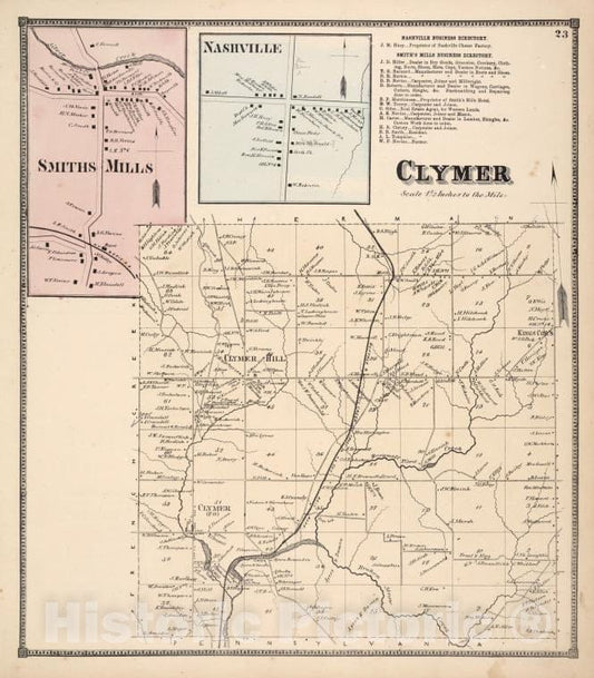 Historic 1867 Map - Smith Mills [Village]; Nashville [Village]; Nashville Business D - Vintage Wall Art