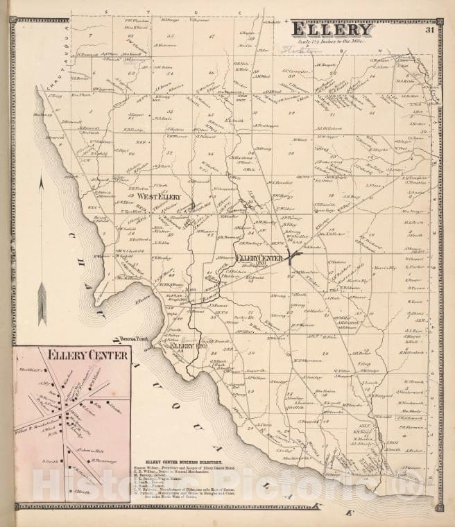 Historic 1867 Map - Ellery [Township]; Ellery Center [Village]; Ellery Center Busine - Vintage Wall Art