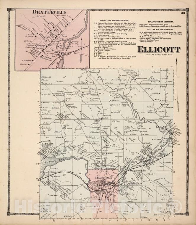 Historic 1867 Map - Dexterville [Village]; Dexterville Business Directory; Levant B - Vintage Wall Art