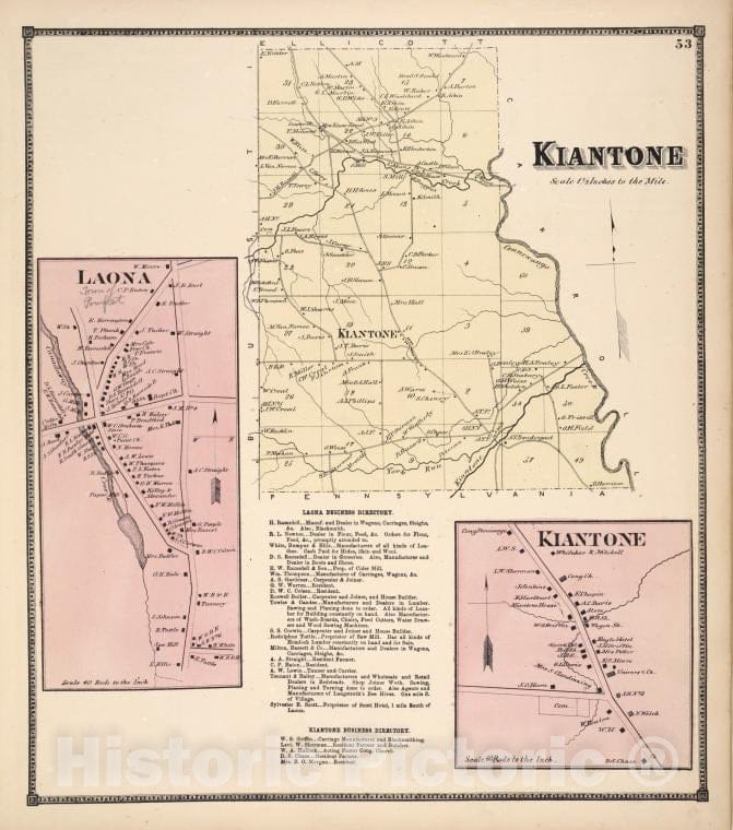 Historic 1867 Map - Laona [Village]; Kiantone [Township]; Laona Business Directory. - Vintage Wall Art