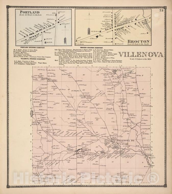 Historic 1867 Map - Portland [Village]; Portland Business Directory; Villenova Busi - Vintage Wall Art
