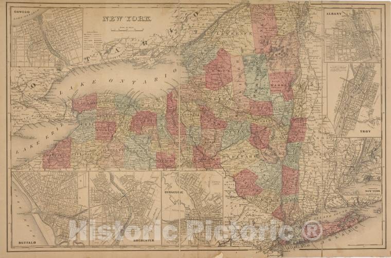 Historic 1868 Map - Oswego ; Buffalo ; Rochester ; Syracuse ; New York ; Albany ; Tr - Vintage Wall Art