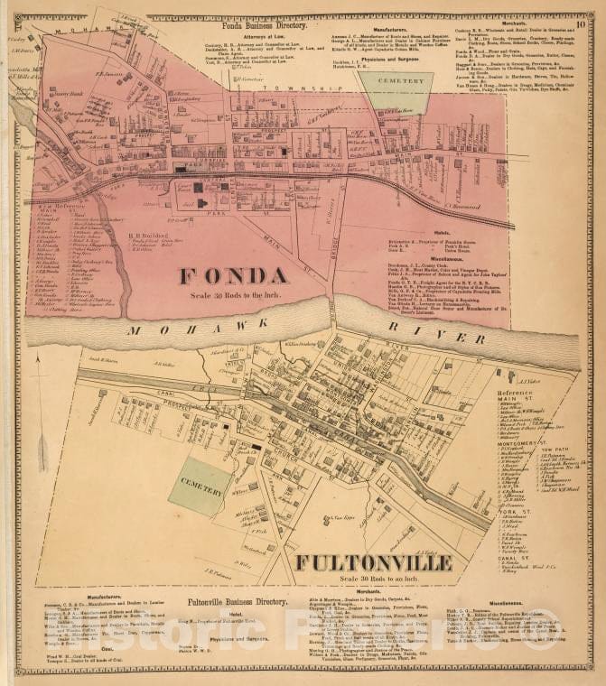 Historic 1868 Map - Fonda Business Directory; Fonda [Village]; Fultonville Busines - Vintage Wall Art