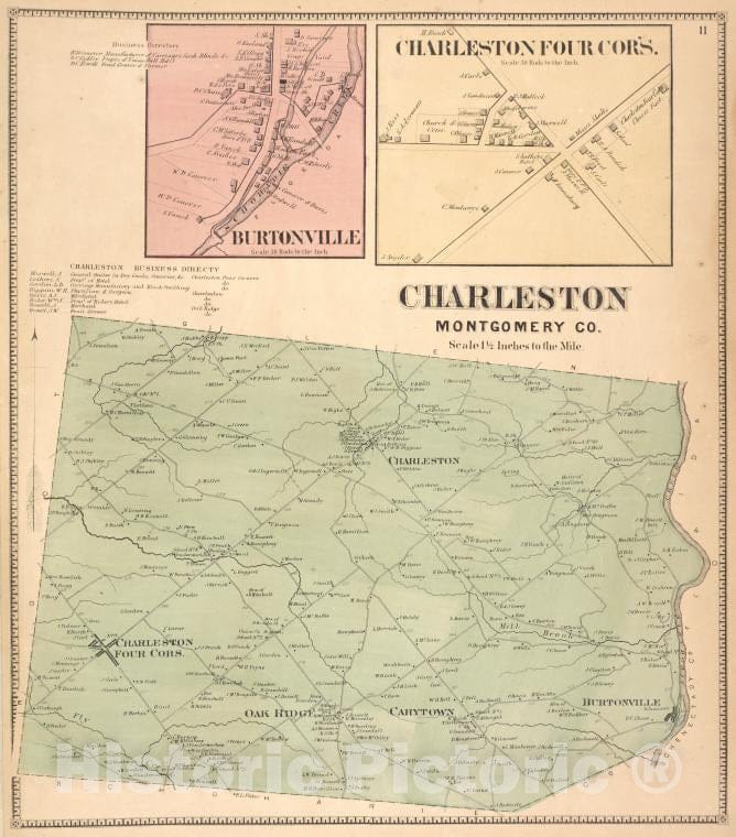 Historic 1868 Map - Business Directory; Burtonville [Village]; Charleston Four Cor - Vintage Wall Art