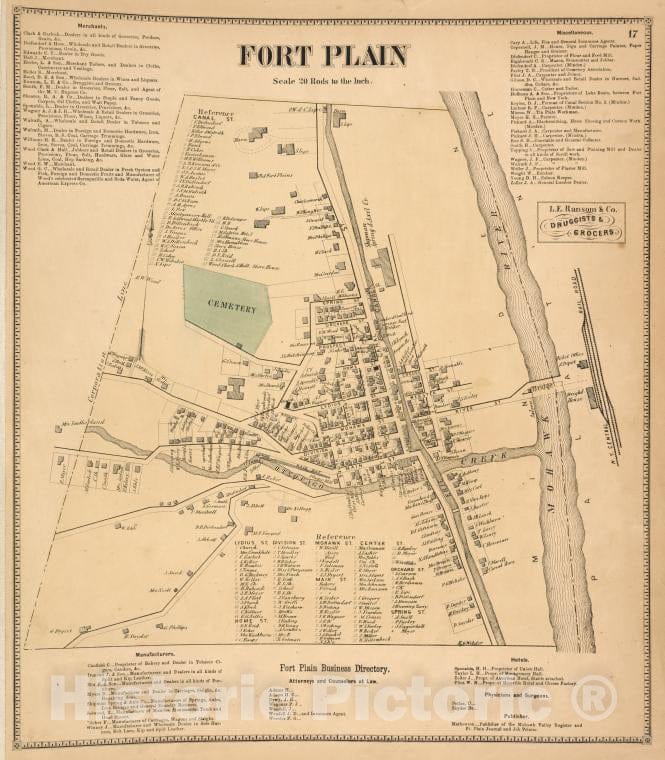 Historic Map - 1868 New York (N.Y.), Fort Plain [Village]; Fort Plain Business Directory; - Vintage Wall Art