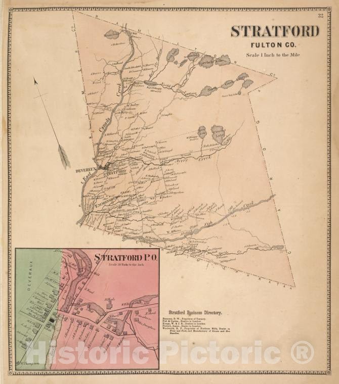 Historic 1868 Map - Stratford Fulton Co. [Township]; Stratford P.O. [Village]; Start - Vintage Wall Art