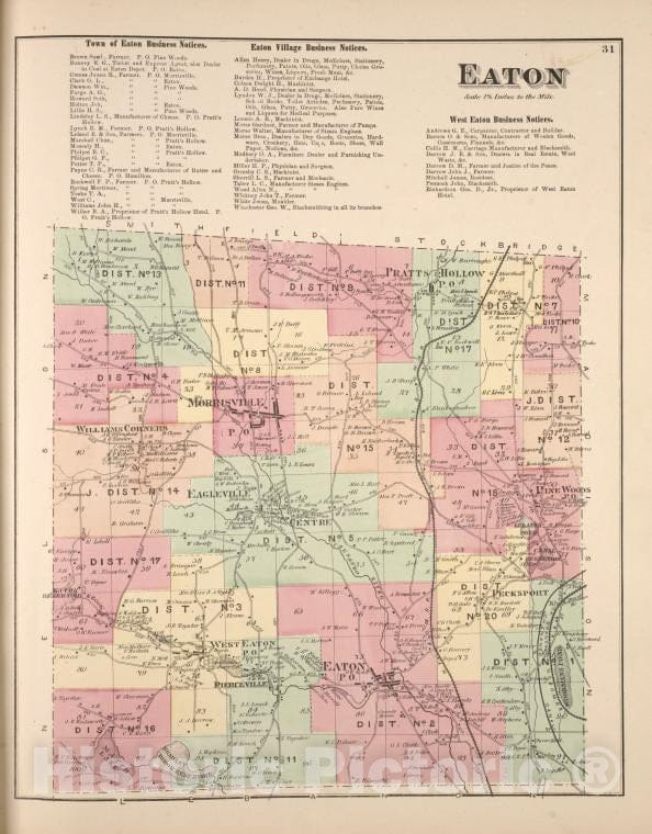 Historic 1875 Map - Town Of Eaton Business Notices; Eaton Village Business Notices - Vintage Wall Art