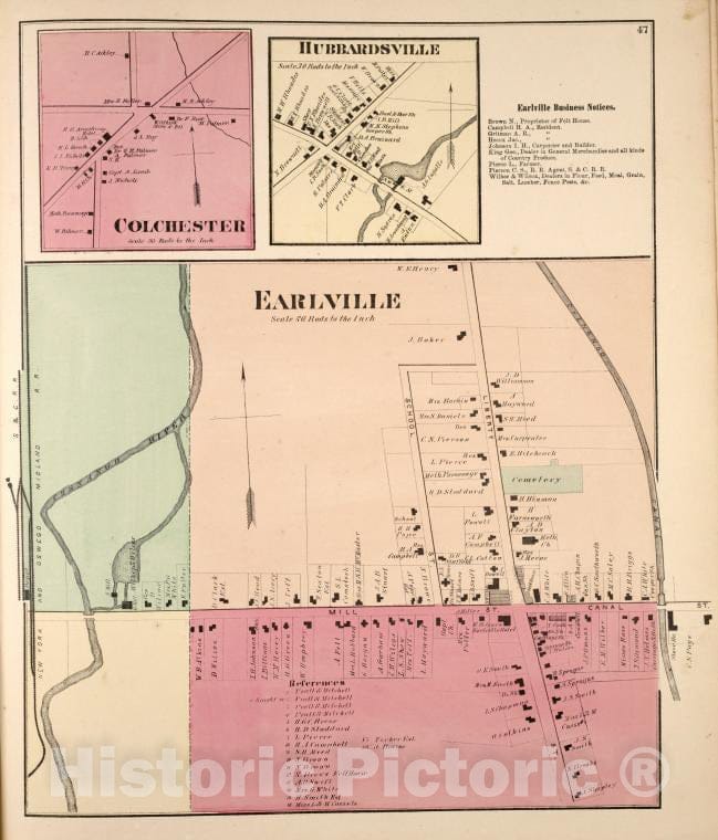 Historic 1875 Map - Colchester [Village]; Hubbardsville [Village]; Earlville Busines - Vintage Wall Art