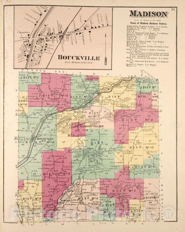 Historic 1875 Map - Bouckville [Village]; Madison [Township]; Town Of Madison Busine - Vintage Wall Art