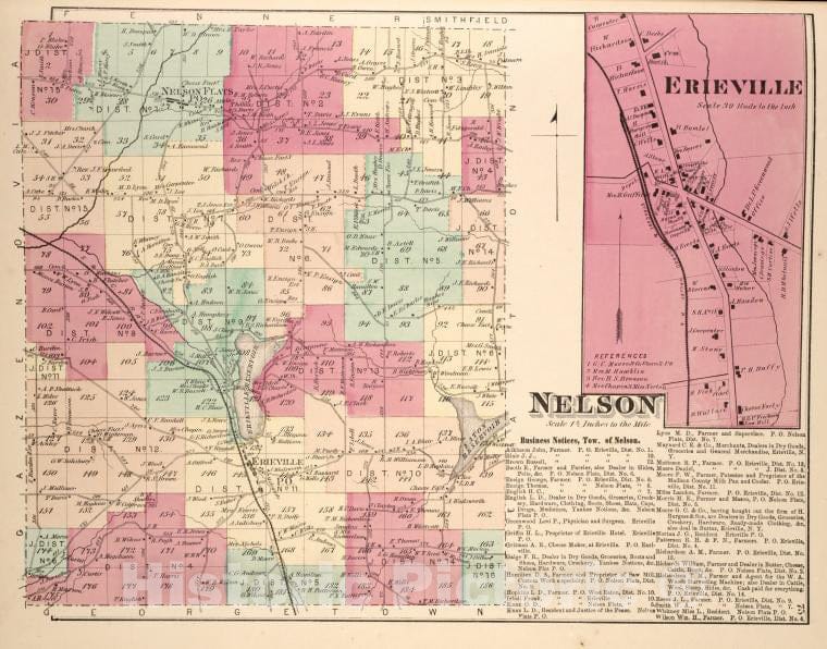 Historic 1875 Map - Erieville [Village]; Nelson [Township]; Business Notices, Tow. O - Vintage Wall Art