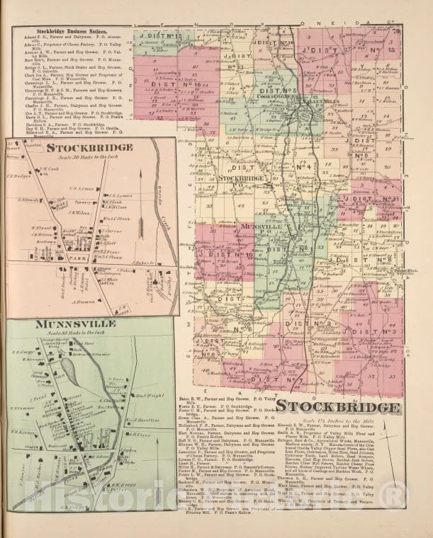 Historic 1875 Map - Stockbridge Business Notices; Stockbridge [Village]; Munnsvill - Vintage Wall Art