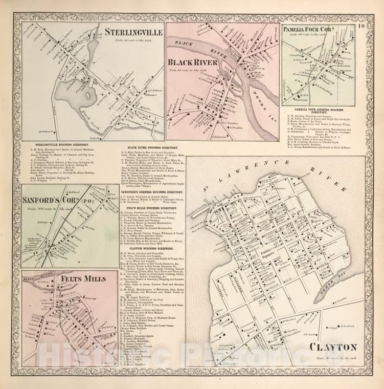 Historic 1864 Map - Sterlingville [Village]; Black River [Village]; Pamelia Four Cor - Vintage Wall Art