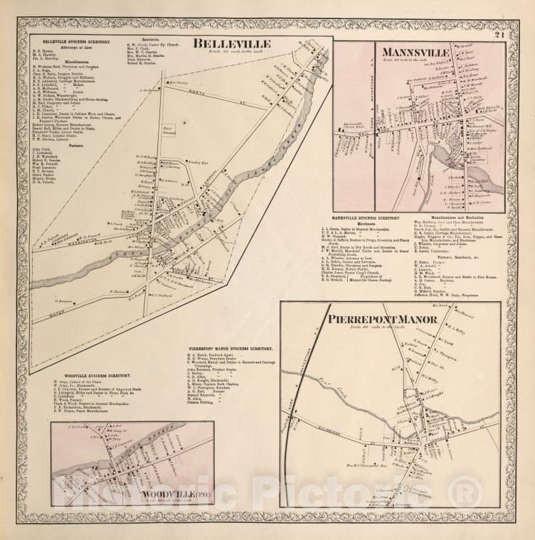 Historic 1864 Map - Belleville Business Directory; Belleville [Village]; Mannsvill - Vintage Wall Art