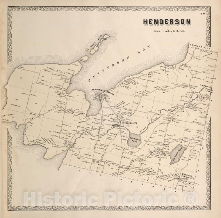 Historic Map - 1864 Jefferson County (N.Y.), Henderson - Vintage Wall Art