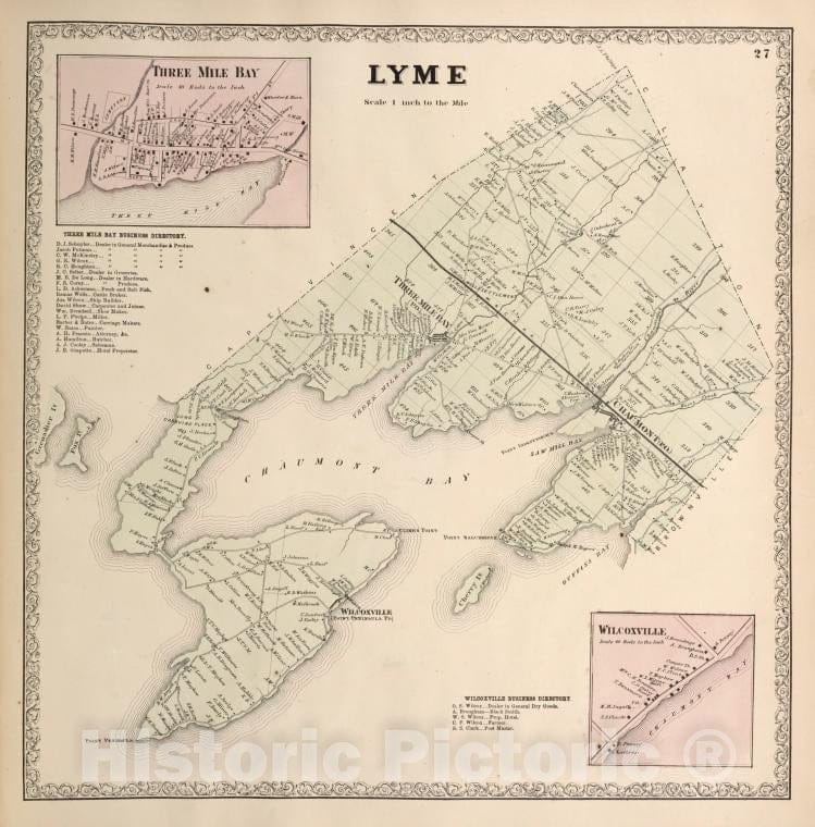 Historic 1864 Map - Three Mile Bay [Village]; Three Mile Bay Business Directory; L - Vintage Wall Art