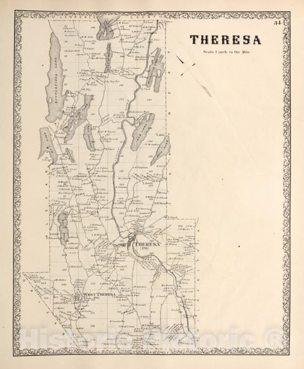 Historic Map - 1864 Jefferson County (N.Y.), Theresa - Vintage Wall Art