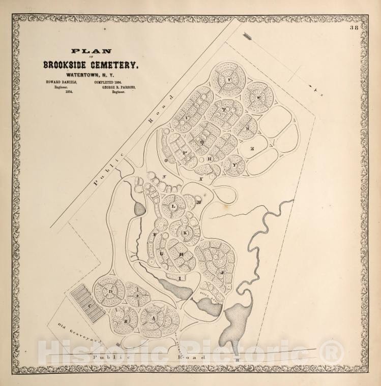 Historic 1864 Map - Plan Of Brookside Cemetery, Watertown, N.Y. Howard Daniels, Engi - Vintage Wall Art