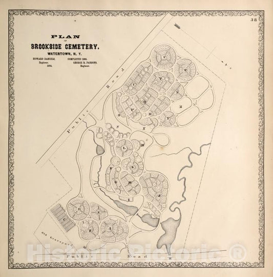 Historic 1864 Map - Plan Of Brookside Cemetery, Watertown, N.Y. Howard Daniels, Engi - Vintage Wall Art