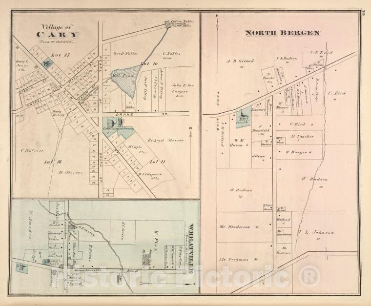 Historic 1876 Map - North Bergen [Village]; Village Of Cary [Village]; Wheatville [V - Vintage Wall Art