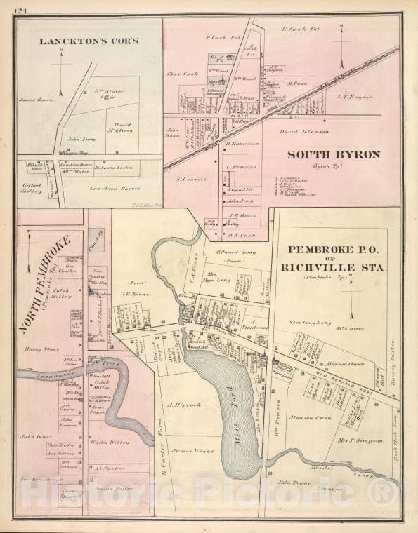 Historic 1876 Map - Lanckton'S Cor'S [Village]; South Byron [Village]; North Pembrok - Vintage Wall Art