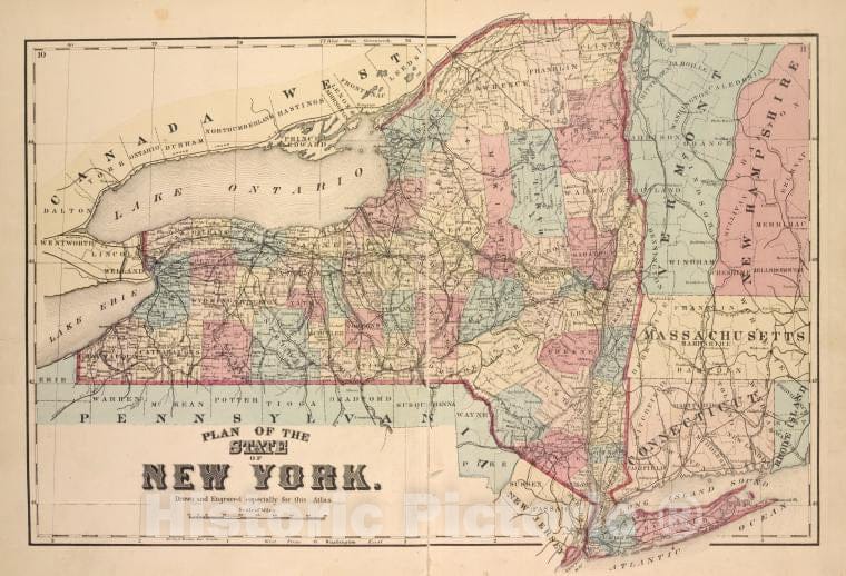 Historic 1876 Map - Plan Of The States Of New York. - Vintage Wall Art
