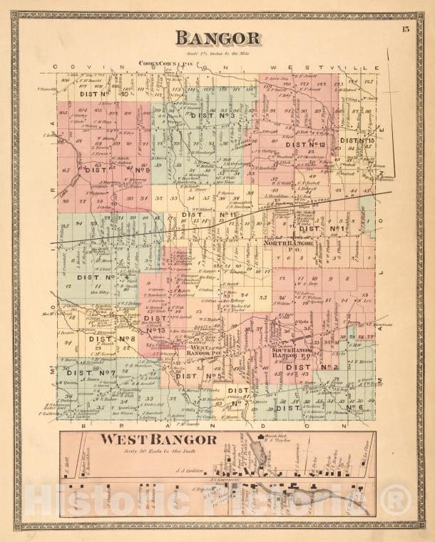 Historic 1876 Map - Bangor [Township]; West Bangor [Village] - Vintage Wall Art