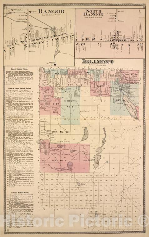 Historic 1876 Map - Bangor [Village]; Bagor Business Notices; Town Of Bugar Busine - Vintage Wall Art