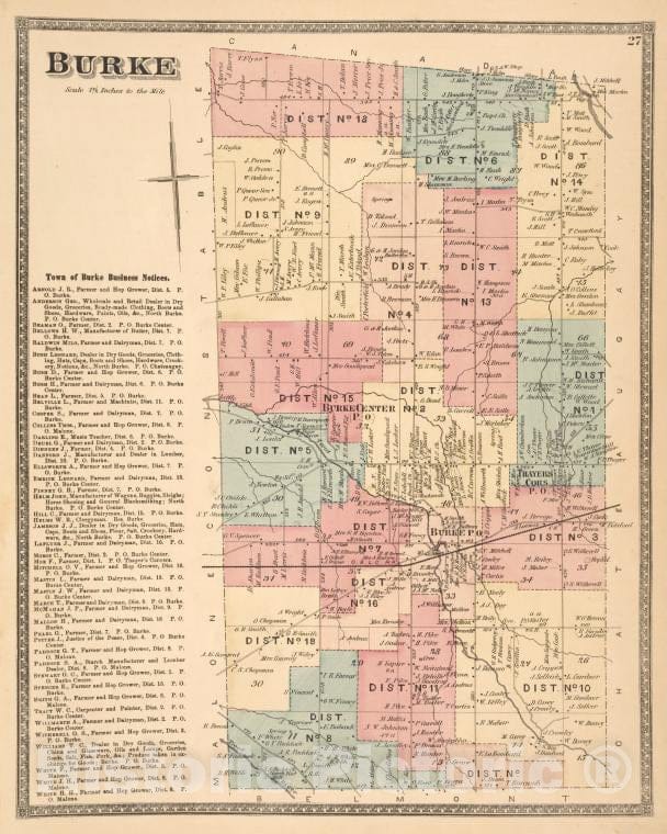 Historic 1876 Map - Burke [Township]; Town Of Burke Business Notices. - Vintage Wall Art
