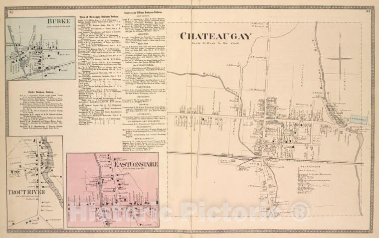 Historic 1876 Map - Burke [Village]; Burke Business Notices; Trout River [Village] - Vintage Wall Art