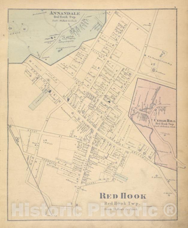 Historic Map - 1876 Dutchess County, New York (N.Y.), Annandale; Red Hook; Cedar Hill - Vintage Wall Art