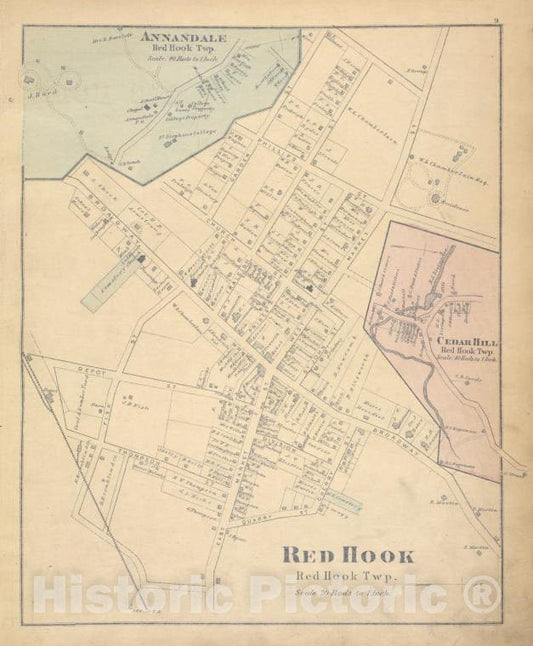 Historic Map - 1876 Dutchess County, New York (N.Y.), Annandale; Red Hook; Cedar Hill - Vintage Wall Art