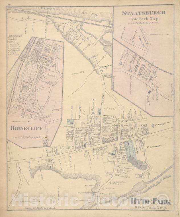 Historic Map - 1876 Dutchess County, New York (N.Y.), Rhinecliff; Staatsburgh; Hyde Park - Vintage Wall Art