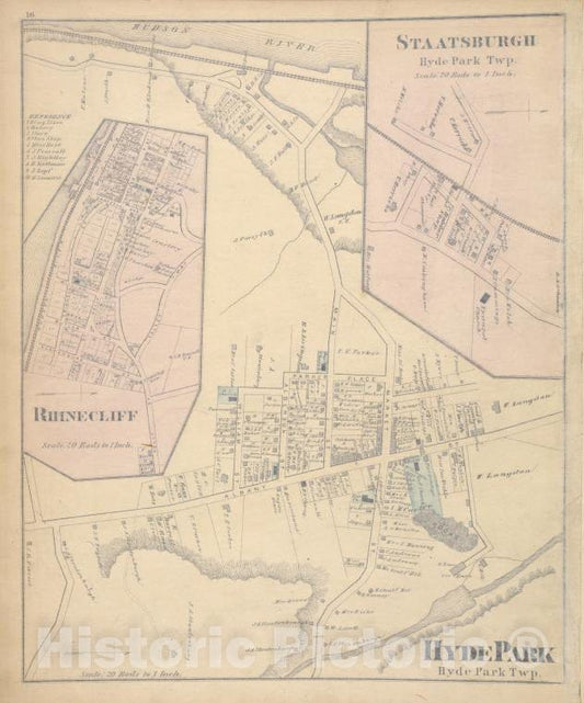 Historic Map - 1876 Dutchess County, New York (N.Y.), Rhinecliff; Staatsburgh; Hyde Park - Vintage Wall Art