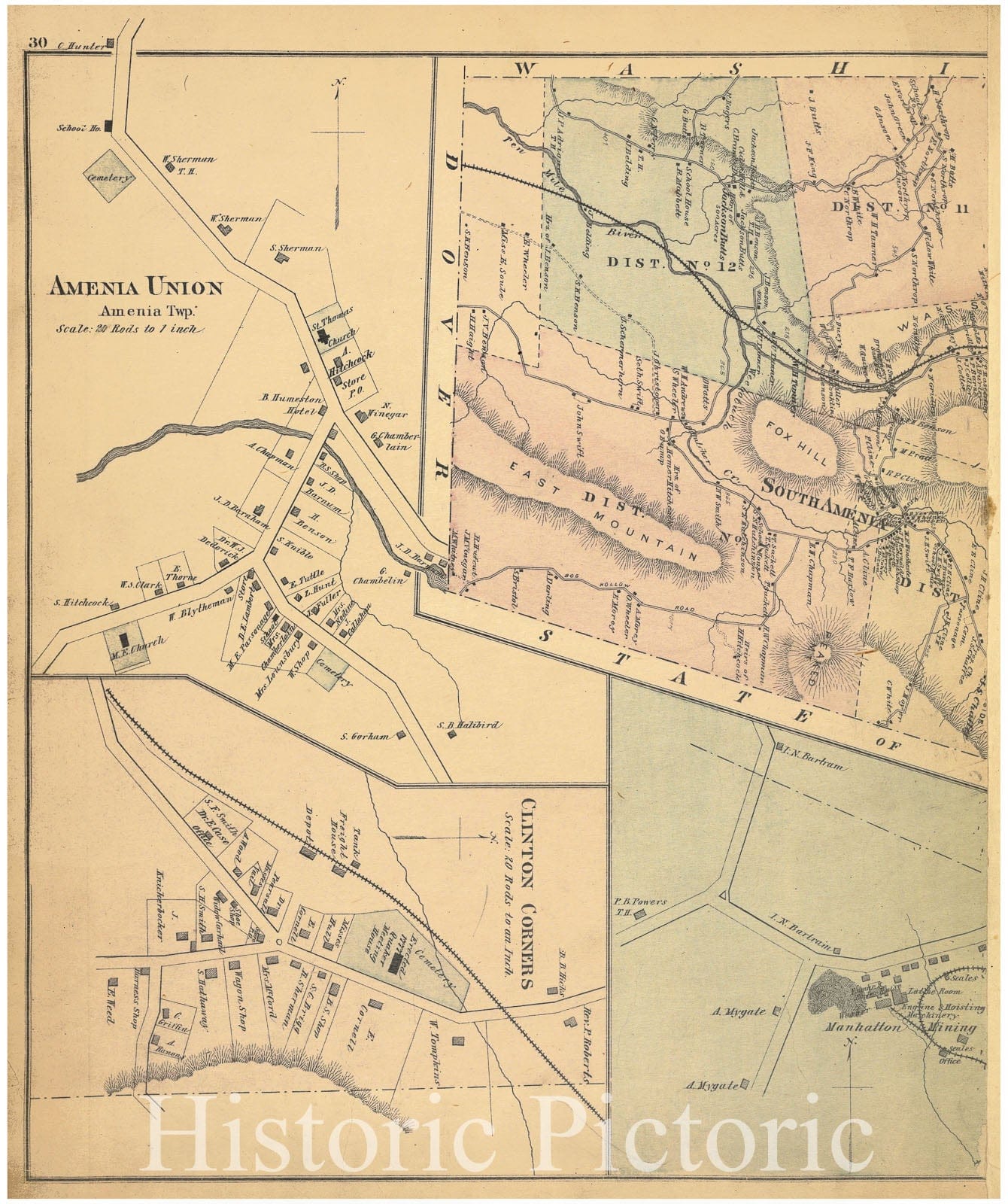 Historic Map - 1876 Dutchess County, New York (N.Y.), Amenia Union; Clinton Corners; Sharon Station; Map Of Amenia Township. - Vintage Wall Art