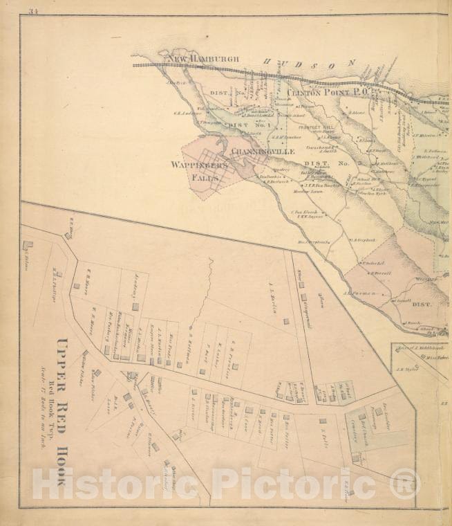 Historic Map - 1876 Dutchess County, New York (N.Y.), Upper Red Hook; Leedsville; Poughkeepsie - Vintage Wall Art