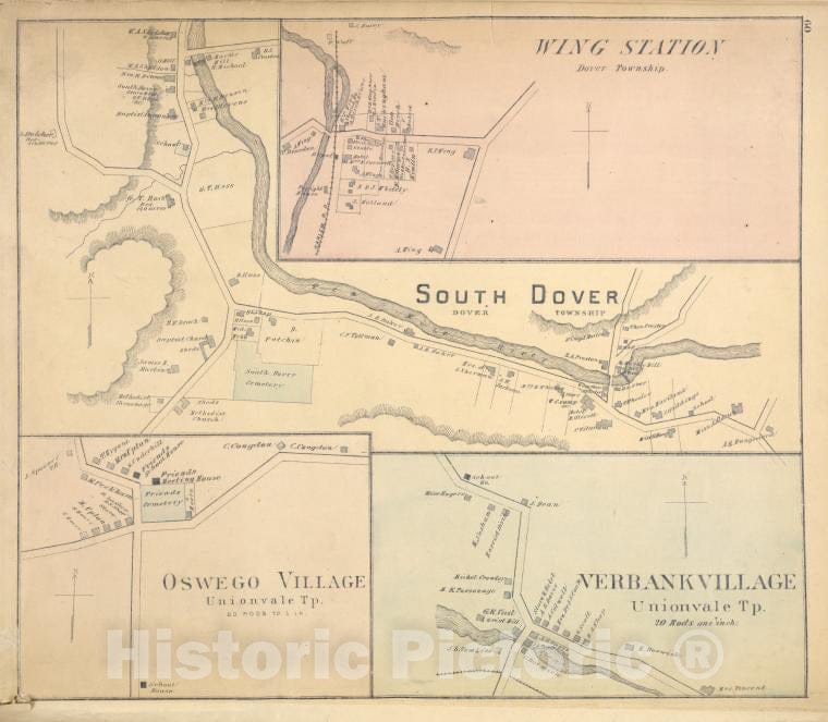 Historic Map - 1876 Dutchess County, New York (N.Y.), Wing Station; South Dover; Oswego Village; Verbank Village - Vintage Wall Art