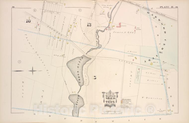 Historic Map - 1881 Troy, New York (N.Y.), Parts Of Wards 5, 10. & 13. [Plate H.] - Vintage Wall Art