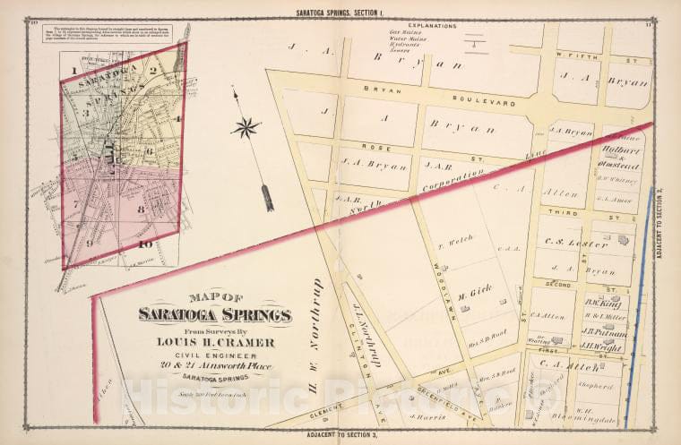 Historic 1876 Map - Map Of Saratoga Springs - New York (Stateillustrated Combination Atlas Of Saratoga And Ballston. - Vintage Wall Art