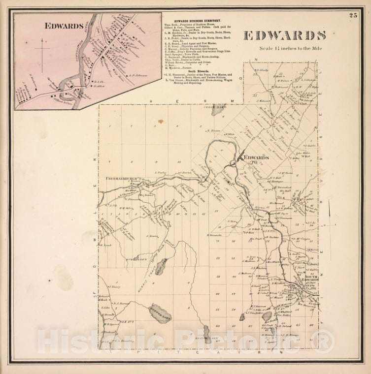 Historic 1865 Map - Edwards [Village]; Edwards Business Directory; Edwards [Townsh - Vintage Wall Art